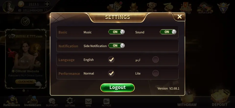 Royal X app settings showing version 2.68.1, English and Urdu, and Normal and Lite modes