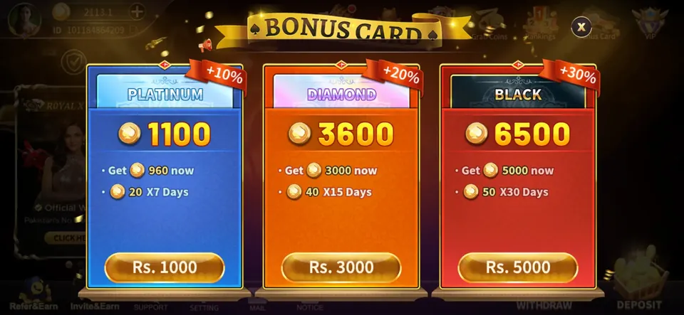 Royal X Casino bonus cards screen