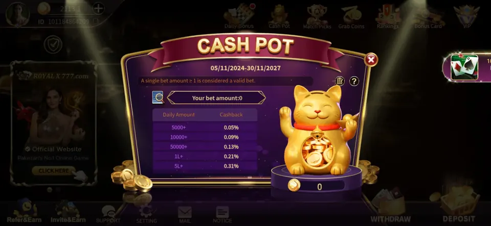 Royal X Casino cash pot bonus screen