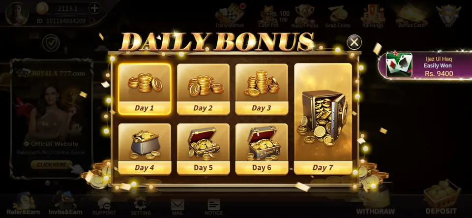 Royal X Casino daily login bonus calendar