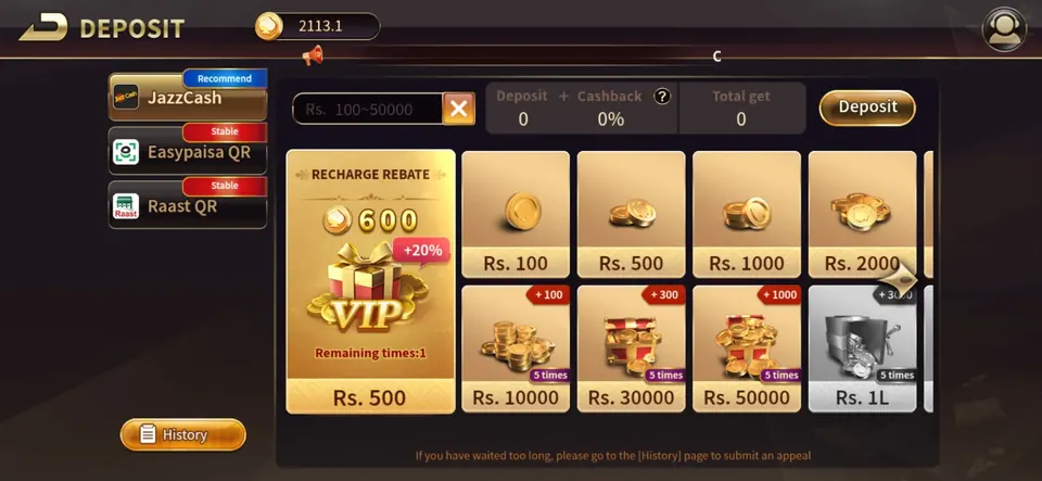 Royal X Casino deposit screen and payment options