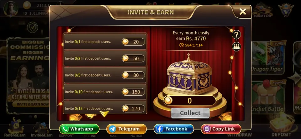 Royal X Casino invite and earn reward screen