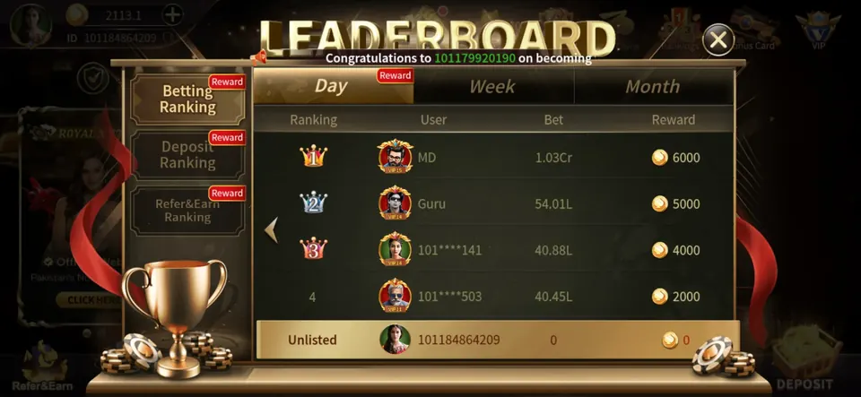 Royal X Casino player leaderboard screen
