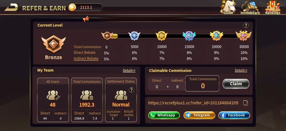 Royal X Casino referral commission screen