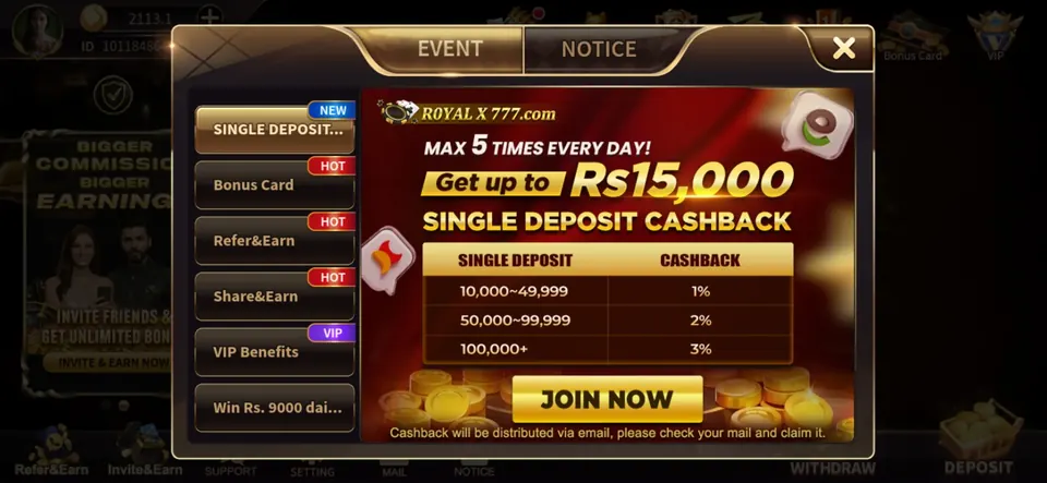 Royal X Casino single deposit cashback promotion screen