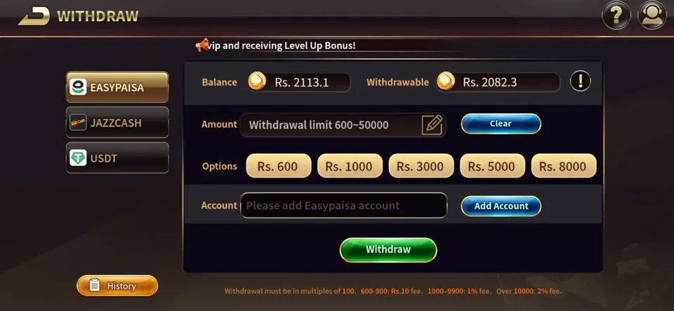 Royal X Casino withdrawal screen and wallet options